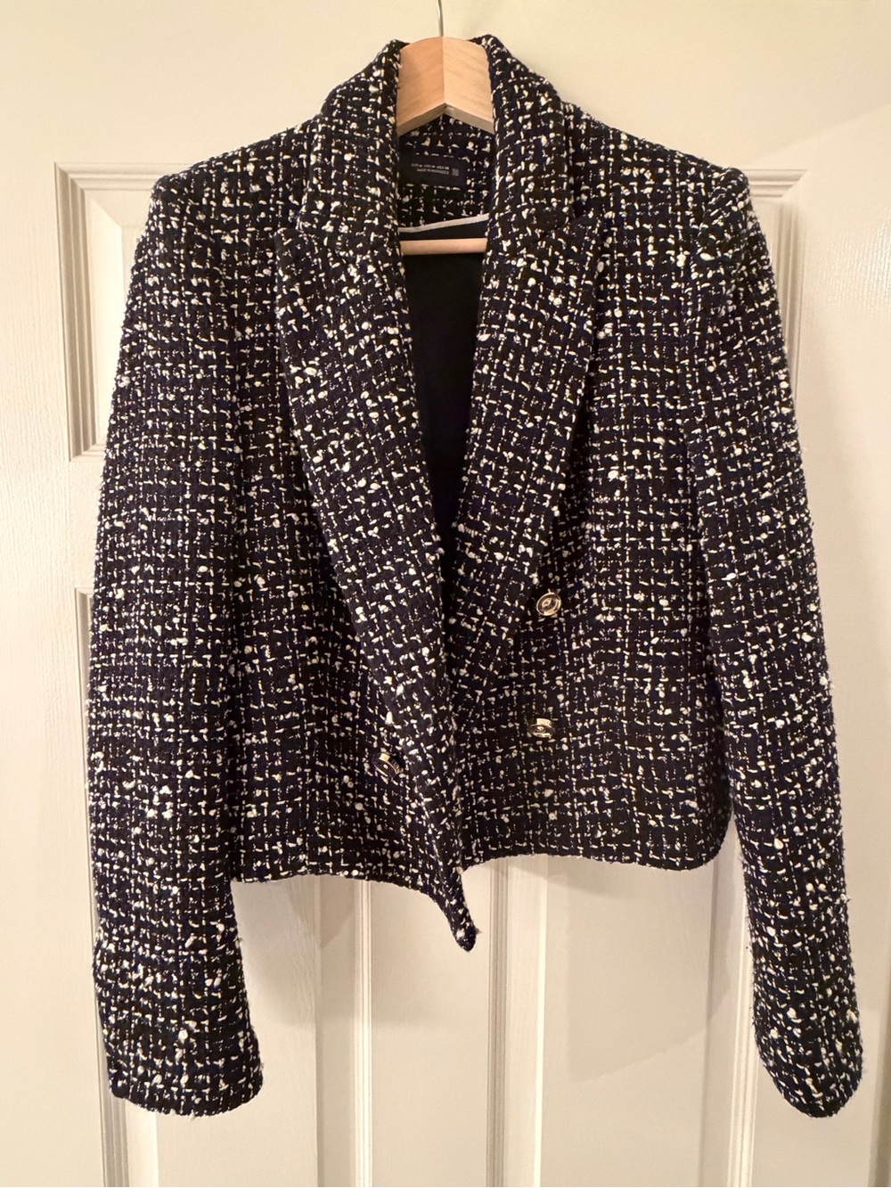 Zara Black & White Tweed Cropped Double-Breasted Blazer